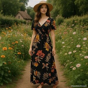 Patrons of Peace Floral Rayon Maxi Dress — Boho Fall Garden Vibes (M)